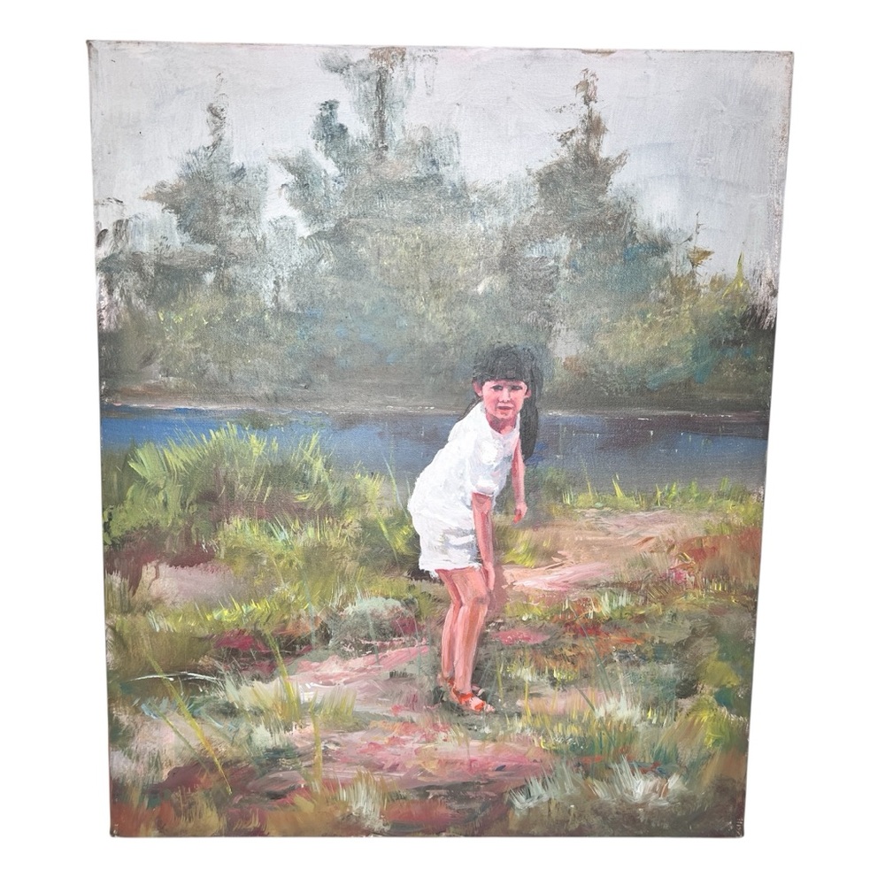 Vintage Original Oil Canvas Portrait Little Girl by Pond by Artist John Szekes